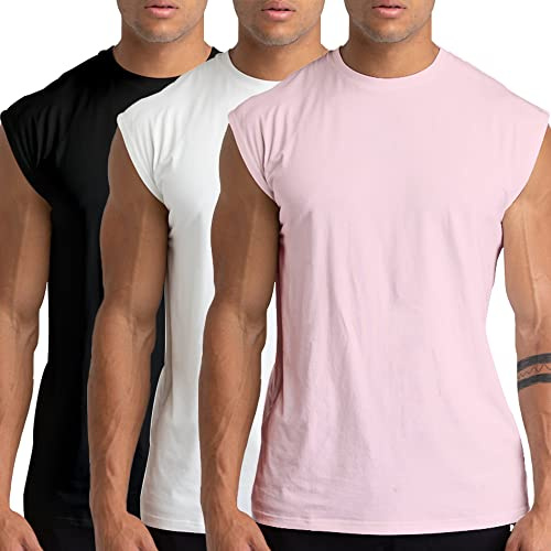 Herr bomull gym linne, 1/3/5-pack ärmlös träning muskelskjortor, 3-pack: svart/vit/rosa, XXL