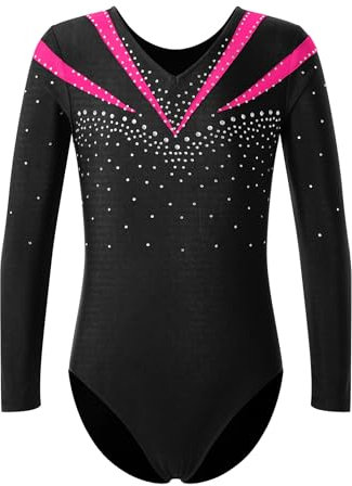Manyakai Ballettanzug Mädchen Langarm Strass Glitzer Tanzbody Patchwork Ballett Body Trikot Eislauf Anzug Rundhals Overall Jumpsuit Sportlich Hot Pink 170-176