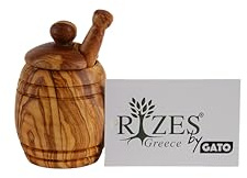 Rizes Pot à miel, couvercle et louche en bois d'olivier fait à la main, environ 8,5 cm