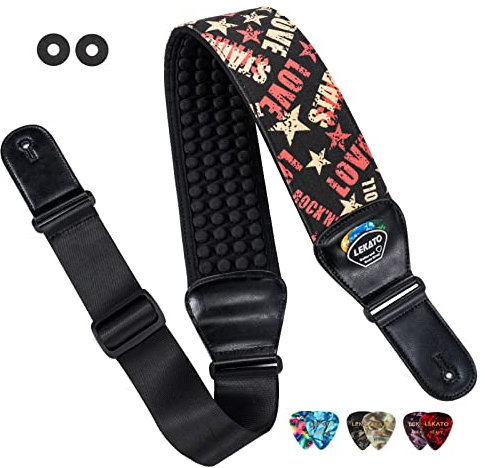 LEKATO Gitarrengurt, 3D Neopren Schaumpolster Bassgitarrengurt 3 Zoll Breite 114–139cm Länge, Verstellbarer Guitar Strap mit Lederenden für Bass und E-Gitarre - Liebe
