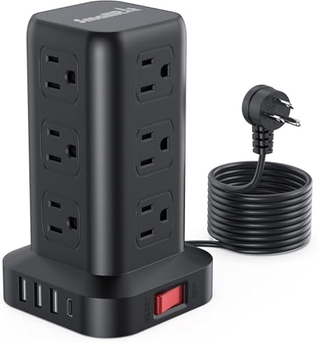 Extension Cord with Multiple Outlets, SMALLRT Surge Protector Power Strip Tower, 10FT Outlet Extender with 12 AC Outlets 4 USB, Power Strip with USB Ports for Home Office Dorm Room,Overload Protection