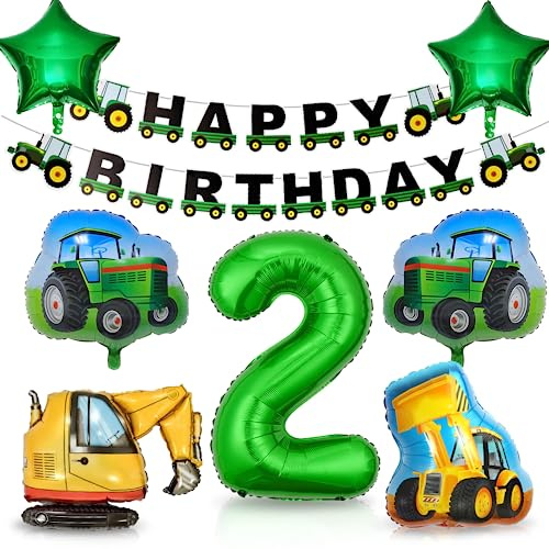 Bluelves Traktor Geburtstag Geko 2 Jahre, Geburtstagsdeko Junge, Luftballon, Deko Kindergeburtstag, Grün Folienballon Bagger für Jungen Party Dekoration