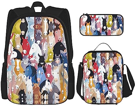 KoNsev Drucken Büchertaschen Set für Mittelschule Grundschule 3pcs Schultasche mit Mittagessen Tasche Federmappe, grünes und weißes Blatt, Bunte Cartoon-Pferde., Einheitsgröße