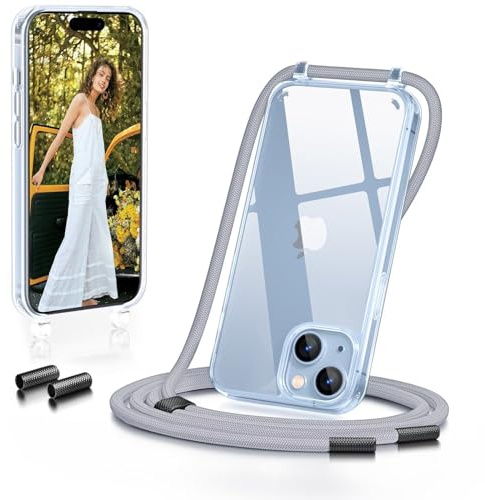 GOODVISH Handykette für iPhone 15 Hülle mit Band Transparent, Silber | Kameraschutz und Bildschirmschutz, Necklace Handyhülle mit Schnur Schutzhülle für zum Umhängen Case 15 mit Kordel 6.1