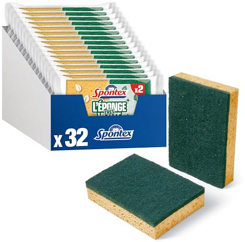 Spontex Gratte-Éponge Très Verte | en Fibres 100% Recyclées, Résistantes, pour Vaisselle et Cuisine | Lot de 32 (16 x 2)