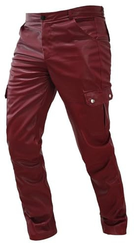 Gefomuofe Men's Leather Trousers Leather Jeans Biker Jeans Trousers Made of Genuine Leather Side Laced PU Leather Casual Men's Leather Trousers, red, 3XL