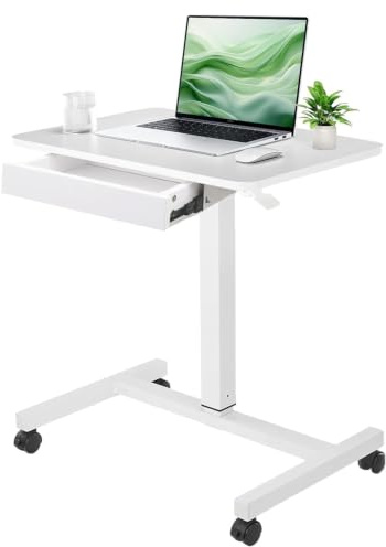 CLATINA Mobile Laptop Standing Desk, Height Adjustable Teacher Podium with Lockable Wheels, Adjustable Work Table with Drawer, Computer Cart Overbed Table for Home Office Classroom, White