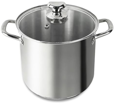 Homatz Induction Stock Pot 24cm Dia, 8L Stainless Steel Pot with Glass Lid | Non-Stick Large Cooking Pot for Soups, Stews | Oven Safe Upto 200 °C - Casserole Dish Pot, Silver
