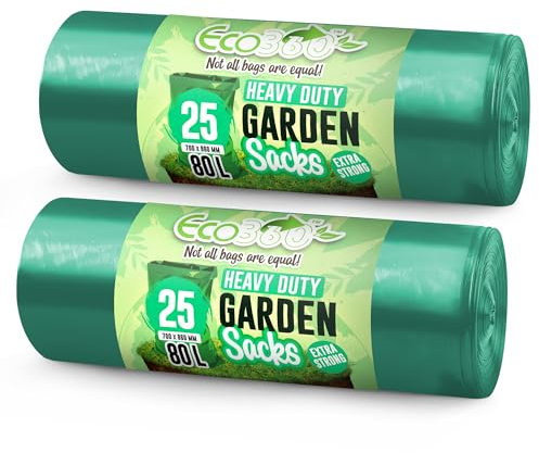 EcoBag - 50 Pack Extra Strong Heavy Duty Garden Sacks - 80L - 30 Microns - Recyclable, Leak Resistant & Eco-Friendly, Durable Garden Waste Disposal Bags for Household & Commercial Use (700x860mm)