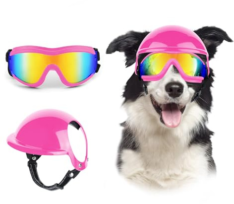 Billionchains Set di occhiali e casco per cani, occhiali da sole antipolvere con protezione UV, resistente casco da moto con foro per le orecchie, occhiali regolabili per cani di taglia media e grande