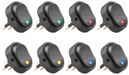 8 interruttori a levetta con luce a LED, 12 V, 30 A, per auto, impermeabile, 3 P, SPST, controllo on-off, blu, verde, giallo, rosso, illuminati, rotondi, per auto, barca, camion, marine, auto, moto,