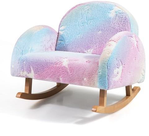 COSTWAY Sedia Dondolo per Bambini da 3 a 5 Anni, Poltrona in Flanella con Gambe in legno, Motivi che si Illuminano al Buio, per Cameretta e Soggiorno, 50 x 48 x 46 cm