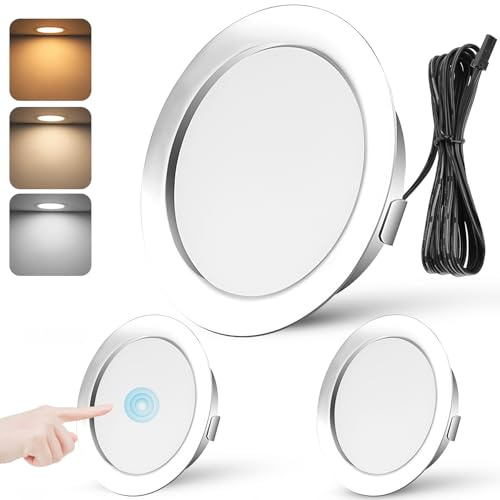 Dimbar LED-spotlight, 3 W, LED-spotlight, 12 V, extra platt, varmvit, 3 000 K, neutral vit, 4 000 K, kall vit, 6 000K, touch-justering, infälld spotlight med 2 m kabel, set om 3, krom