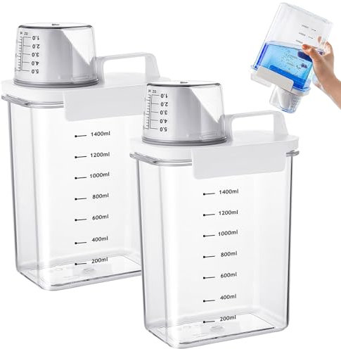Waschmittel Aufbewahrung, 2 Stück 1800ml Luftdichter Waschmittelspender mit Messbecher, Waschpulver Aufbewahrung, Transparente Waschpulver Aufbewahrungsbox, für Waschpulver