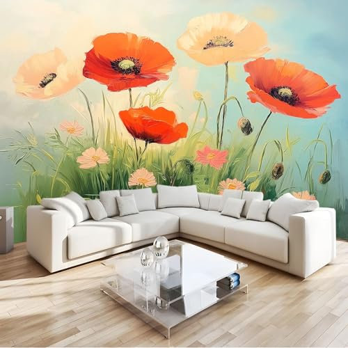 Fototapete Ölgemälde von Mohnblumen Wanddekoration für Schlafzimmer Wohnzimmer 200 x 140 cm Vliestapete Wandtapete moderne Wand Rot