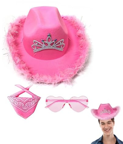 Cowboy Hut Rosa, Cowboy Hut Für Damen, Cowboy Hut Damen Rosa Glitzer, Filz Cowboyhut, Mit Herz Brille, Filz Cowgirl Hut Mit Feder Bandana, Rosa Bandana, Wester Style Pink Cowboy Hut