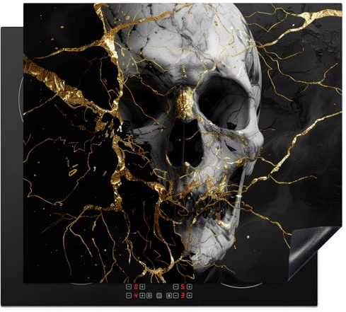 KitchenYeah© Herdabdeckplatte Einteilig Küche Herdabdeckung Induktionsfeld | 60x52 cm - Ceranfeld Herdabdeckplatten Vinyl Matte Aufrollbar Gold - Abstrakt - Schädel - Gruselig - Tod