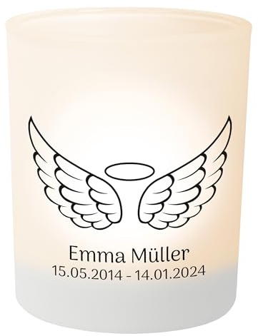 Personalisierter Teelichthalter Engel mit Flügel – Teelichtglas, Gedenklicht für Verstorbene, Geschenk für Trauernde - Trauerlicht personalisiert mit Wunschtext
