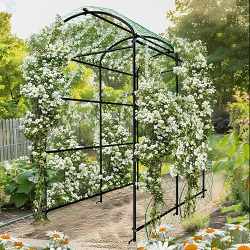 UNHO Traliccio Arco Alto 222cm Giardino: Traliccio per Piante Rampicanti con Rete Traliccio per Cetrioli Orto in Metallo da Gazebo Telaio Supporto per Rose Rampicanti Piante Frutta Verdura a Tunnel