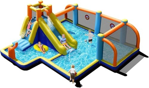 Inflatable Water Slide, 8 in 1 Bounce House Water Park with Soccer Goals Splash Pool Climbing Wall Water Guns Target Game, Outdoor Inflatable Obstacle Course for Kids Backyard