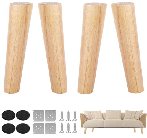 GEOKILO Sofa Legs Set of 4, Wooden Furniture Legs, 20cm Sofa Feet to with Anti-Slip Protection Pad & Screws, Tapered Furniture Replacement Feet for Sofa, Chair, Bed and Other Furniture