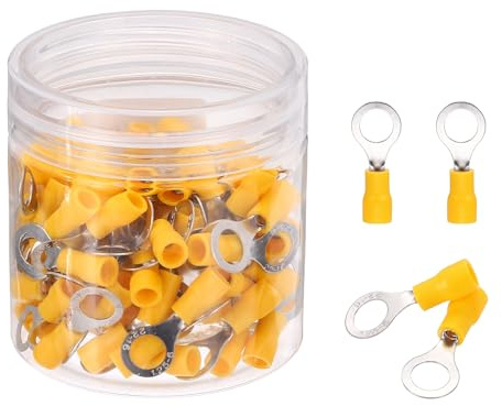 sourcing map 100 terminali ad anello isolati RV1.25-6 capicorda per batteria da 22-16 AWG, terminali elettrici a crimpare, connettori per cavi industriali, elettrici, giallo
