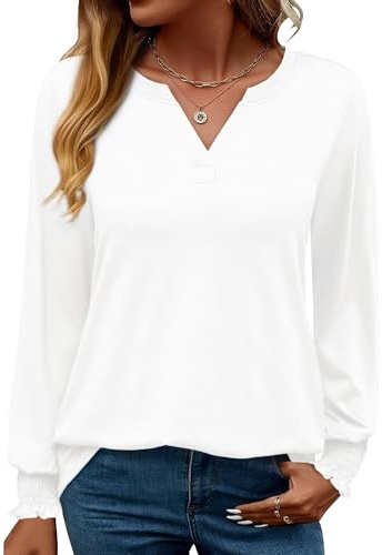Rapbin Damen Tops Langarm Elegant Locker V-Ausschnitt Damenbluse Oberteile T Shirt Casual Herbst Tunika (S,Weiß)
