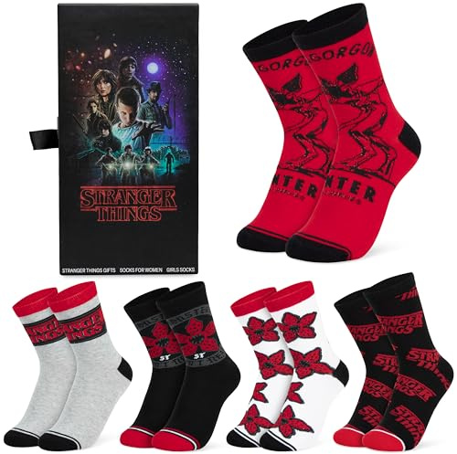 Stranger Things Crew strumpor för kvinnor och tonåringar US storlek 4-9, paket med 5 mjuka andningsbara varma nya strumpor, gåvor för kvinnor, Multi röd, 36.5-42 EU