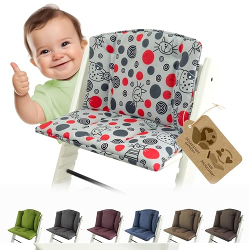 BambiniWelt Ersatzbezug Tripp Trapp – Sitzkissen-Set kompatibel mit Stokke Hochstuhl, weich & gepolstert, waschbar & langlebig, 2-teiliges Kissen, Klettverschluss, Farbe: grau-rot-Katze