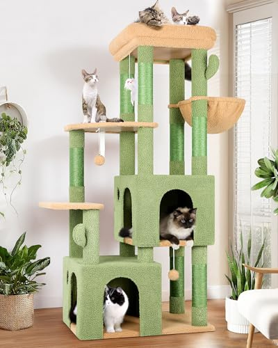 Globlazer Árbol Rascador Grande Cactus Verde Estable con Bases 72 * 45CM, 2 Grandes Nidos, Plataformas Acolchada, Felpa Cesta, Rascador Alto 156 cm para Gatos Grandes Descansar Jugar (F61, Verde)