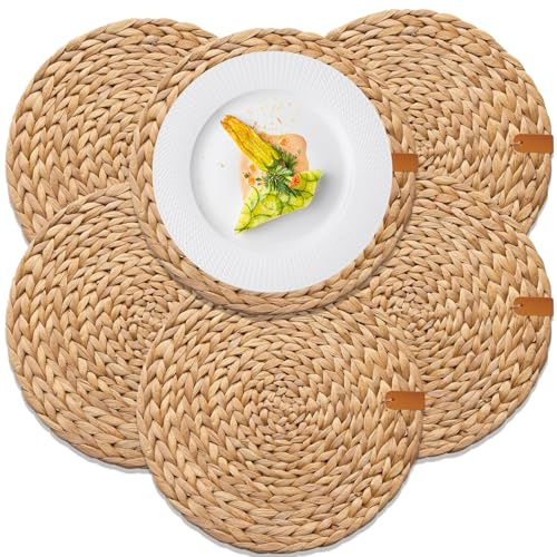 Juego de 6 manteles individuales de jacinto de agua, 30 cm, redondos, hechos a mano