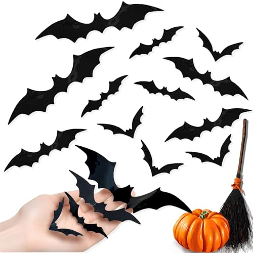LIANRISES 120 Piezas Pegatinas 3D de Murciélagos para Halloween, Impermeable y Reutilizable, Murciélago 3D de 4 Tamaños para Pared, Ventanas Puerta de Casa, para Decoración Halloween DIY de Fiestas