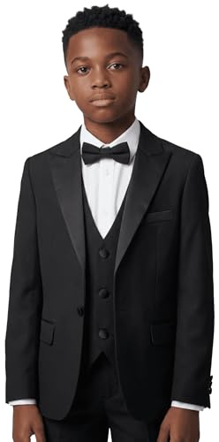 SIRRI Pojkar Pageboy smoking middagsdräkt, 5-4 delar komplett bröllop bal outfit, Matt Svart 5 Styck, 7 �r
