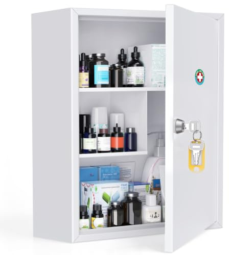 Uniclife Wall Mount Medicine Cabinet with Key Lock, Locking First Aid Cabinet, Lockable Medical Cabinet, Large Capacity Medicine Organizer, Secure Steel Wall Cabinet Metal Storage Box, White