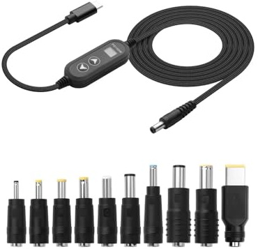 GINTOOYUN - Cable adaptador USB C a DC PD universal de 4,26 ft - Entrada PD a DC 12V - Cable de alimentación con 10 conectores - 5V/9V/12V/15V/20V