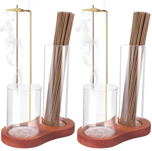 Incense Holder for Sticks, 2 in 1 Incense Stick Holder for Sticks with Glass Ash Catcher,Anti-Ash Flying No Mess Incense Burner，for Yoga Spa Meditation Home Decor(2 Pack)
