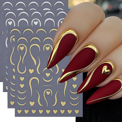 Zosutetoxo Stickers, 6PCS nagelsticker selbstklebend herz, 3D gold silber linien nail art nagelaufkleber als nageldesign zubehör für frauen