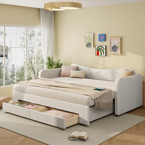 OKYION Tagesbett Ausziehbar 90x200 cm, Schlafsofa zum Doppelbett 180x200 cm, mit 2 Schubladen Stauraum, inklusive Lattenrost, ohne Matratze, Samt Beige