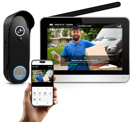 XPJ Interphone Vidéo Sonnette Sans Fil avec Camera et 7 Ecran Moniteur Visiophone Portier Connectée WiFi 1080P, Détection de Mouvement, Vision Nocturne, Audio Bidirectionnel, Stockage Local, Tuya APP