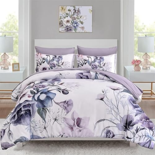 Floral Duvet Cover Set Double Size 3 Piece Purple Flower Duvet Cover with 2 Pillowcases,Soft Microfiber Bedding Set for All Season (Purple,200x200 cm)