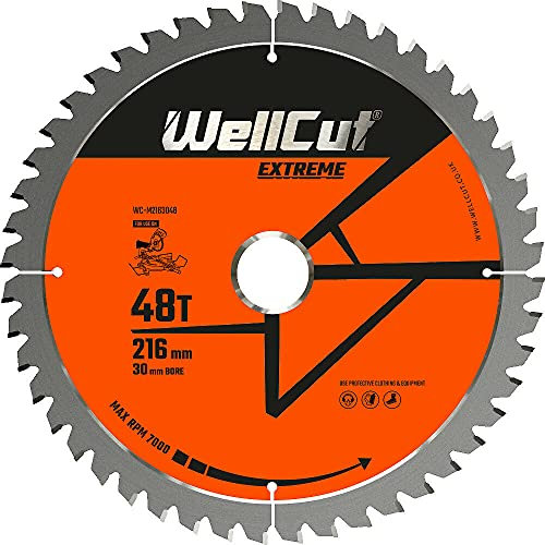 WellCut TCT Extreme Wood Plunge Saw Blades 216mm 30mm Bore 24T, 48T, 60T (48 Teeth)