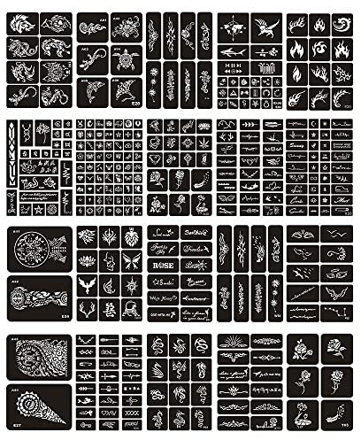 Jurxy 20 Blatt Tattoo Schablonen Glitter Temporäre Tätowierung Schwarz Selbstklebende Tattoos Schablone Arm Zurück Körperbemalung Wiederverwendbare Aufkleber für Männer Frau Kinder Mädchen