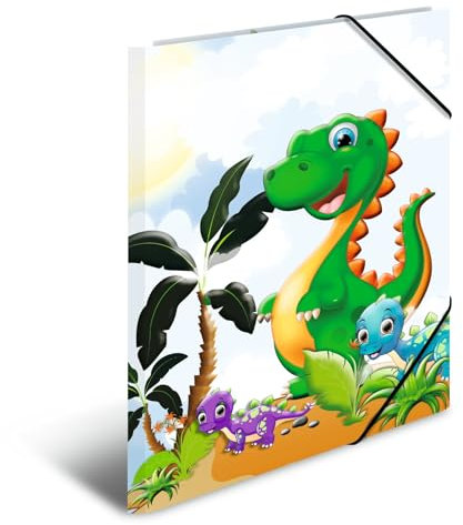 HERMA Sammelmappe A3 Dino, Eckspanner-Mappe aus Pappe mit Kindergarten Dinosaurier Motiv, Gummizug, Innenklappen und Innendruck für Jungen, Mädchen und Kinder