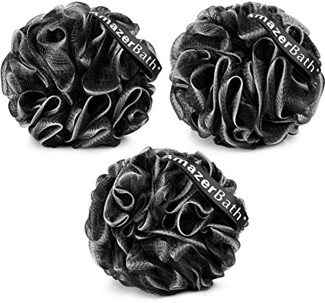 AmazerBath Loofah Sponge, Shower Loofah for Men and Women - Body Scrubber Loofa Set of 3 Classic Black & White Edge, Bath Sponge 60g/PCS