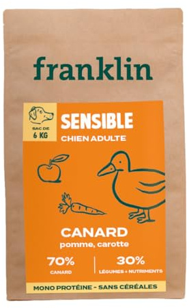 Franklin – Nourriture pour Chien sans Céréales – Gamme Protéinée – avec 70% de Canard – Mono-protéine – Digestion Facile – Forme Ronde 13mm – 6 kg
