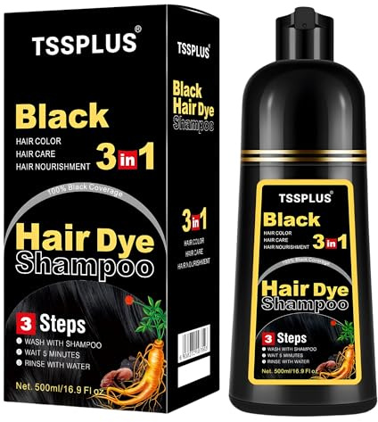 TSSPLUS Black Hair Dye Shampoo, 500ml - Organic Natural Hair Color Dye Shampoo for Women & Men, Instant Gray White Hair Cover, Plant Essence, Semi-Permanent