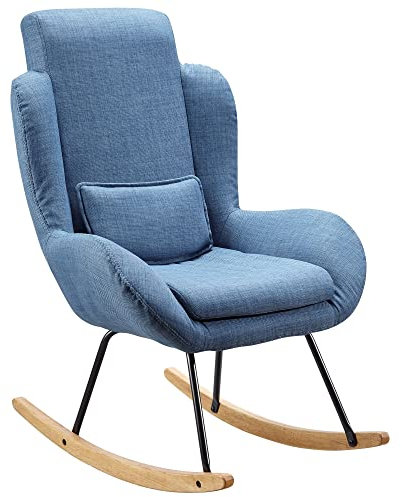 möbelando Schaukelstuhl Capri Blau Design Relaxsessel 75 x 110 x 88,5 cm | Sessel Stoff/Holz | Schwingsessel mit Gestell | Polster Relaxstuhl Schaukelsessel | Moderner Schwingstuhl | Hochlehner