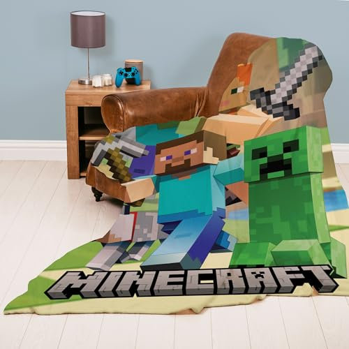 Familando Minecraft Grande couverture douillette 160 x 200 cm - Couverture polaire avec Alex Steve et Creep - Couvre-lit moelleux pour enfant - 100 % polyester