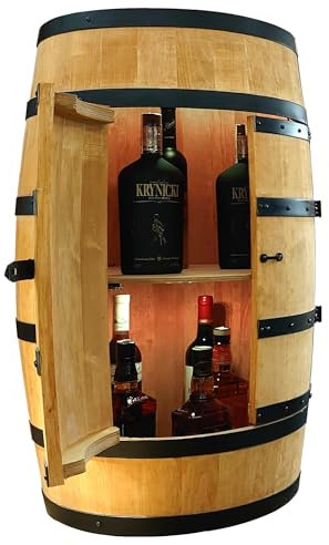 CREATIVE COOPER Weinregal Holz mit Tür mit LED - Alkoholschrank Flaschenregal Holz - Holzfass - Fassmöbel - Weinständer - Weinfass - Weinbar - Fass bar mit Tür - minibar 80 cm High (Eiche)
