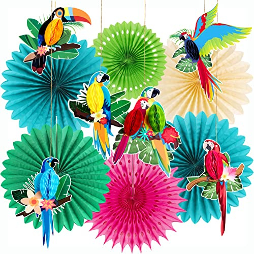 Sunbeauty 12 Stück Hawaii Party Deko Enthält 6 x Papier Fächer, 6 x Tropische Vogeldekoration, Hängende Girlande Papierfächer und Papagei Wabenbälle für Sommerdeko, Hawaii Deko, Dschungel Deko